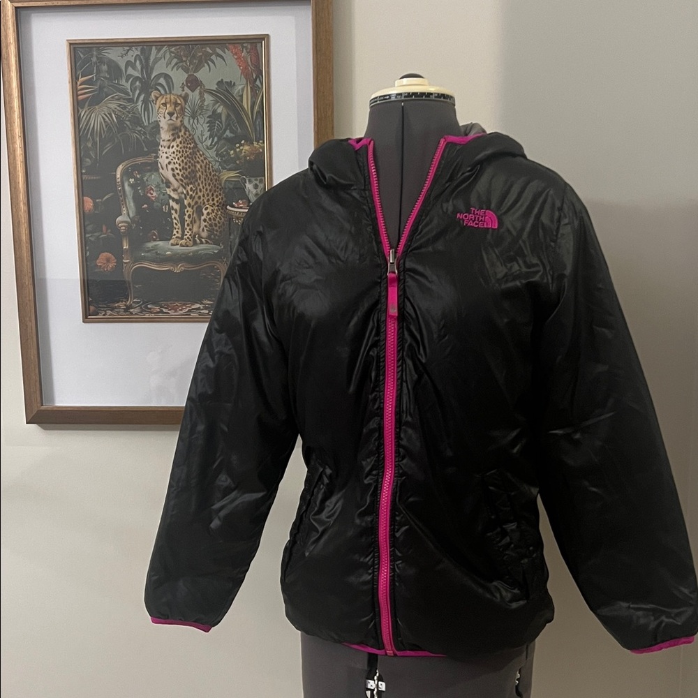 The North Face Kids Reversible Black Puffer Jacket with Pink Trim